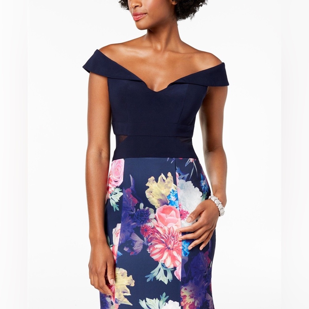 NWT Xscape Navy Blue and  Floral maxi gown dress